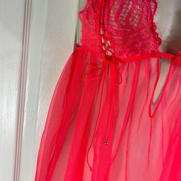Victoria's Secret 2-Pc Neon Pink Sheer/Lace/Lace Up Babydoll Size Lg NWT - Picture 3 of 13